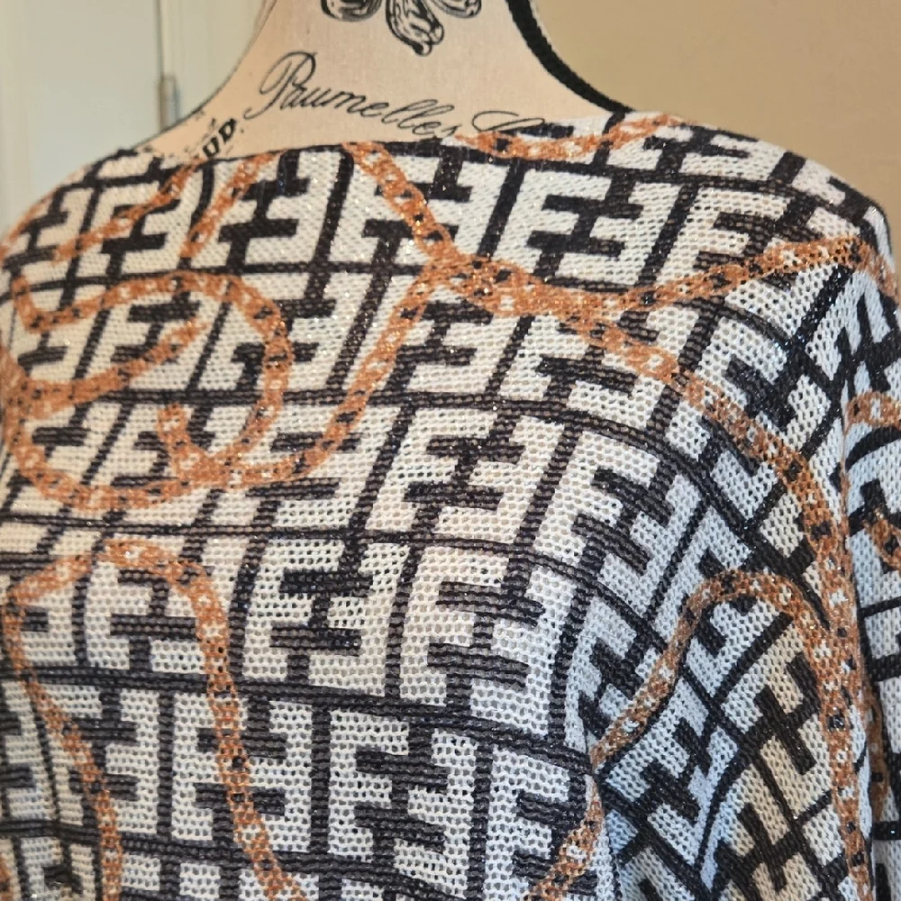 Designer Monogram Chain Print Sweater Blk Gold White